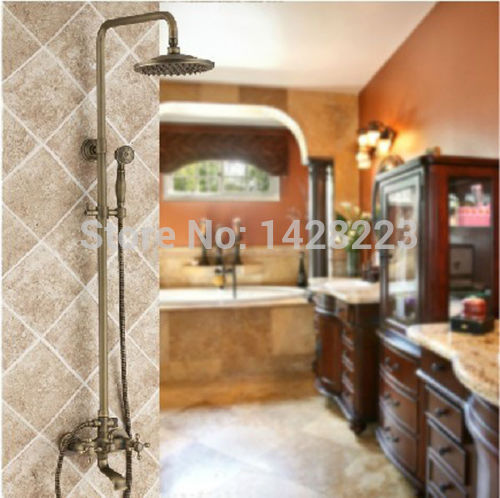 antique brass wall mounted 8" rain shower faucet set dual handles shower bath mixer tap with hand spray