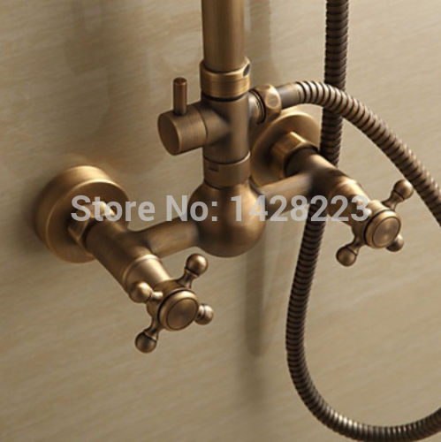 antique brass wall mounted mixer valve rainfall shower faucet complete sets + 8" brass shower head + hand shower + hose
