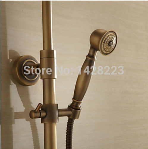 antique brass wall mounted mixer valve rainfall shower faucet complete sets + 8" brass shower head + hand shower + hose