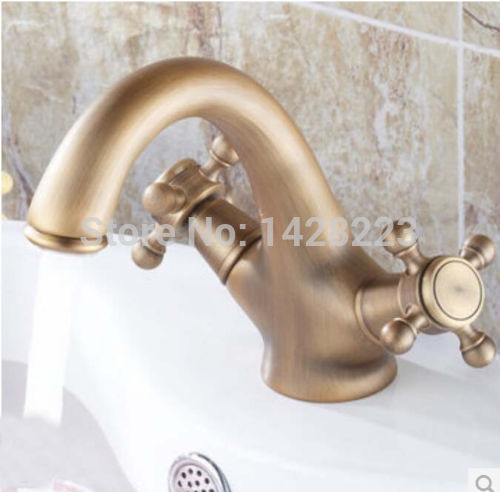 deck mounted antique brass bathroom vanity sink dual cross handles basin mixer taps