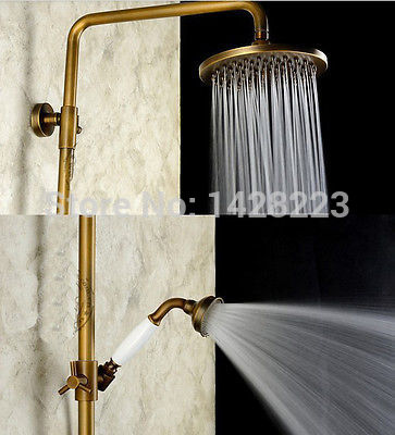 luxury wall mounted dual cross handles 8" rain shower faucet complete set antique brass finished with handheld shower