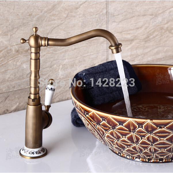 retro style brass tall long neck bathroom basin mixer taps deck mounted single ceramic handle basin faucet