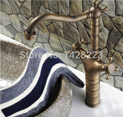 retro style deck mounted tall countertop bathroom basin sink faucet antique brass finished dual handles