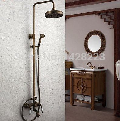 wall mounted dual ceramic handles rainfall shower complete faucet set 8" rain shower head + hand shower