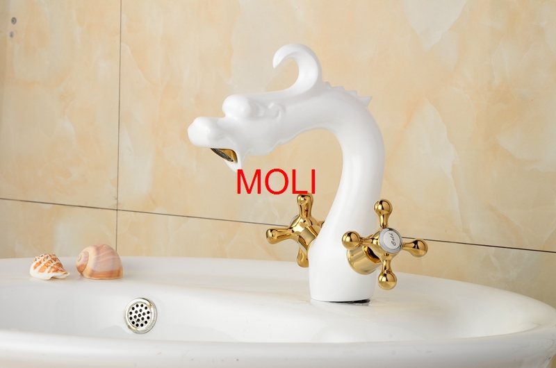 classic dragon faucet with dual cross or crystal handle antique brass white painted and gold finish washbasin tap