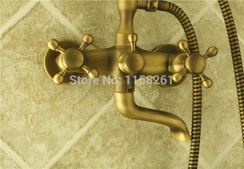 luxury new antique brass rainfall shower set faucet + tub mixer tap + handheld shower wall mounted zly-6761
