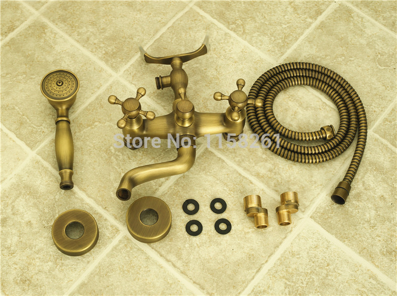 luxury new antique brass rainfall shower set faucet + tub mixer tap + handheld shower wall mounted zly-6761