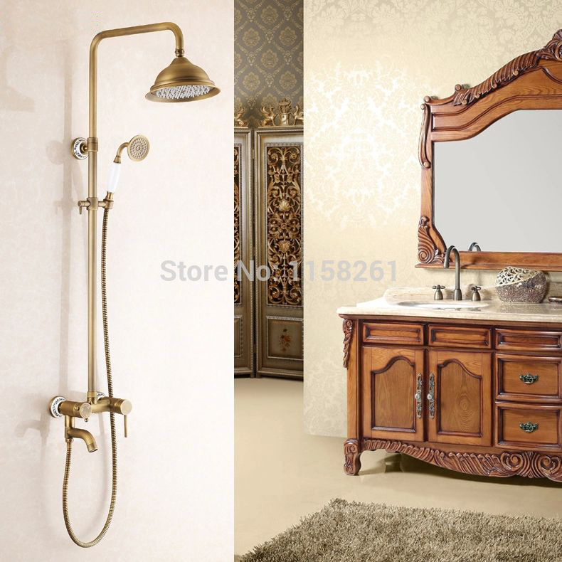 new arrival antique brass finish bathroom rainfall with spray shower durable brass construction faucet set 6818f