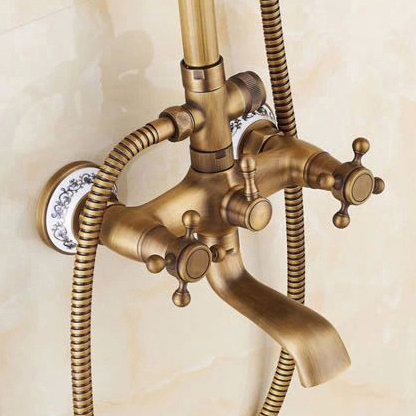 selling antique brass finish bathroom rainfall with spray shower durable brass construction faucet set st-9136