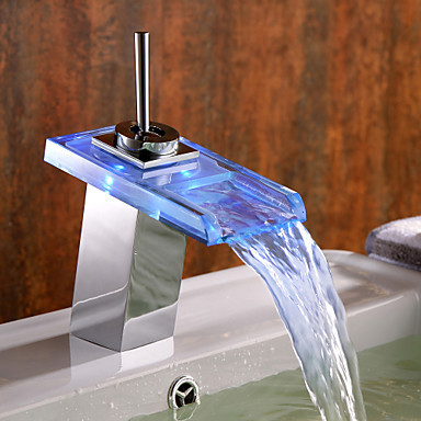 color changing led water bathroom sink faucet tap with glass spout (waterfall) ,torneiras para de banheiro