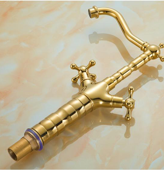 dual handle tall golden bathroom faucet, brass basin mixer tap