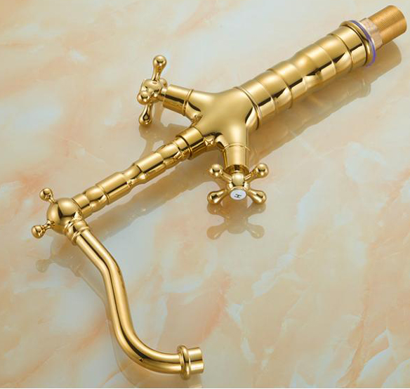 dual handle tall golden bathroom faucet, brass basin mixer tap
