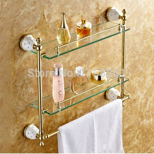 bathroom accessories solid brass golden finish with tempered glass,double glass shelf bathroom shelf 5216