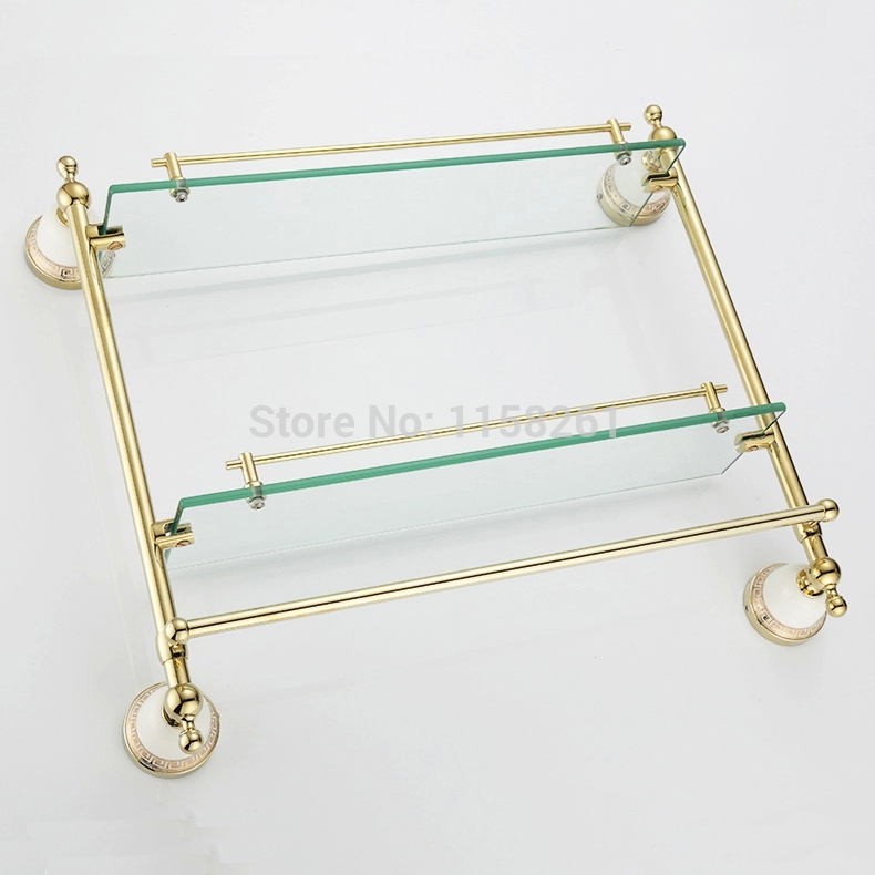 bathroom accessories solid brass golden finish with tempered glass,double glass shelf bathroom shelf 5616