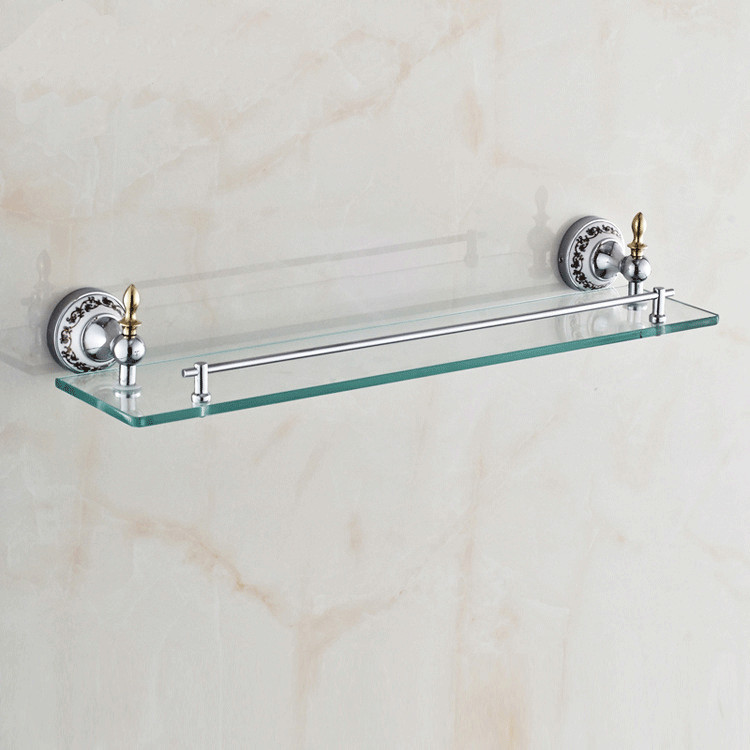 blue & white porcelain modern bathroom accessories products solid brass chrome finished single glass shelf st-3698
