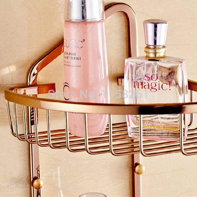rose golden brass bathroom accessory bathroom shelf dual tier with hook shower bracket triangle basket 0g-2021e