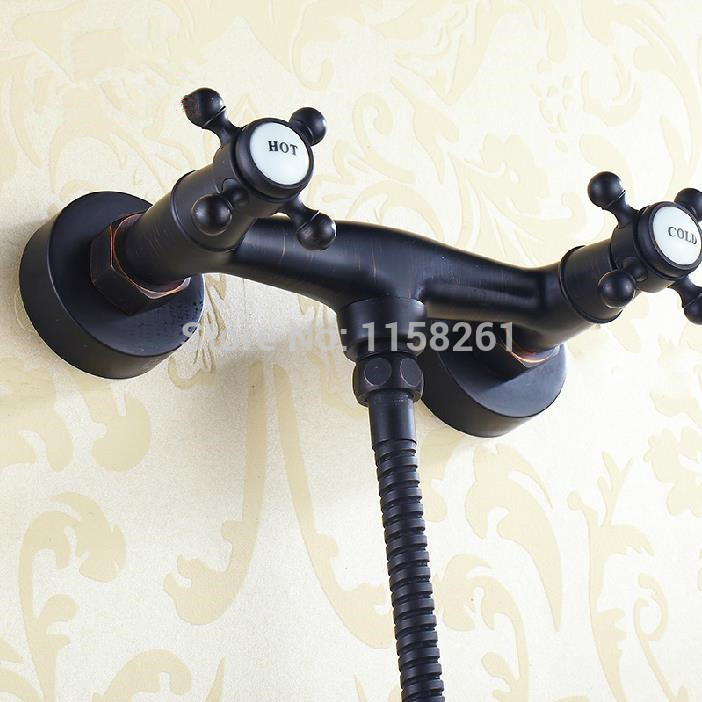black antique brass wall mounted bathtub faucet mixer w/ handheld shower dual cross knobs sy-025r
