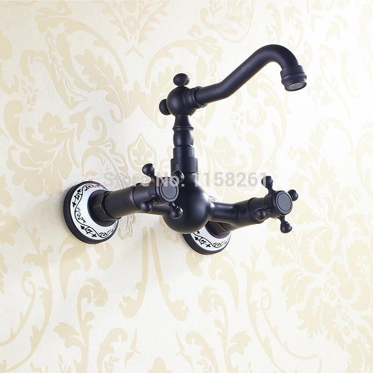 kitchen mixer tap double cross handles wall mounted bridge kitchen faucet in black sy-054r