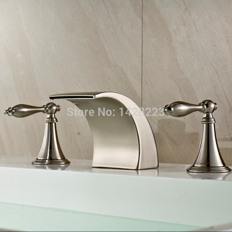 brushed nickel bathroom dual handles waterfall 3 holes basin sink faucet taps deck mounted bathtub basin mixer taps