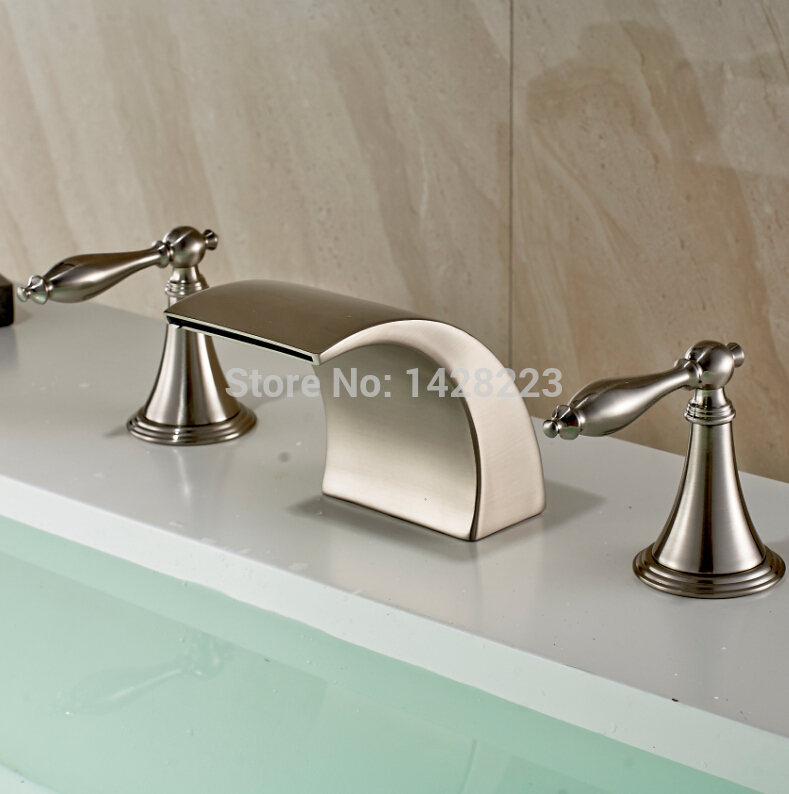 brushed nickel bathroom dual handles waterfall 3 holes basin sink faucet taps deck mounted bathtub basin mixer taps