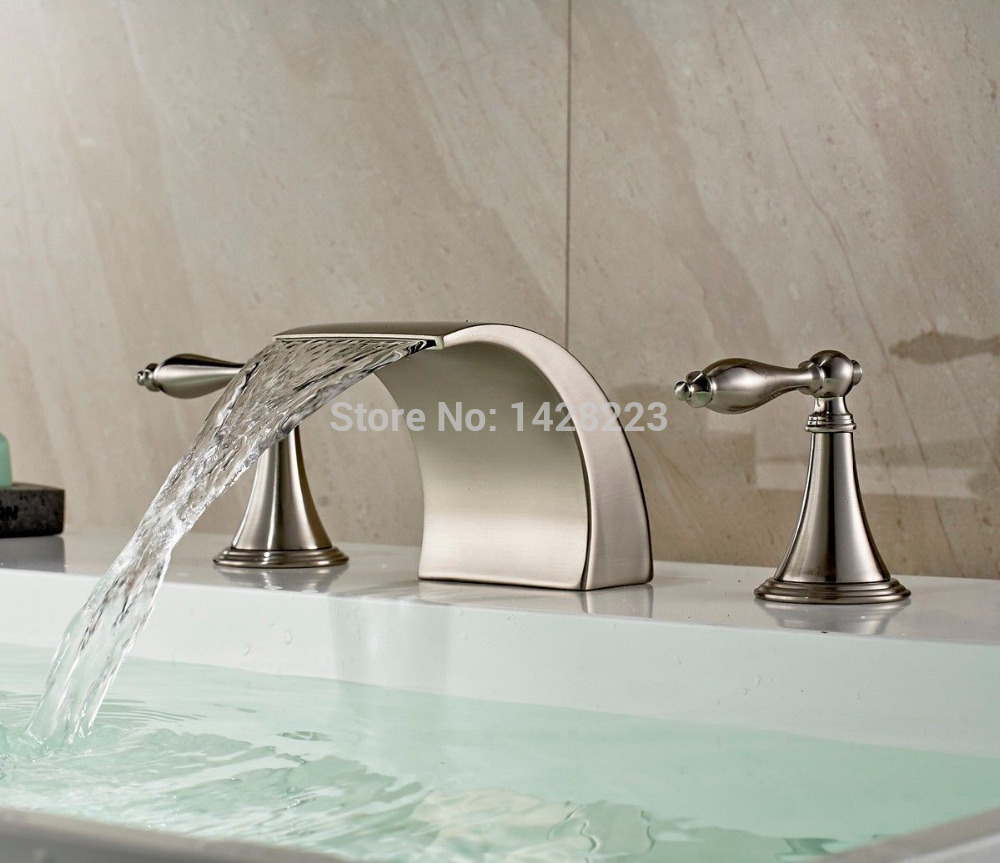 brushed nickel finish double handles waterfall bathroom basin sink faucet deck mount basin mixer taps