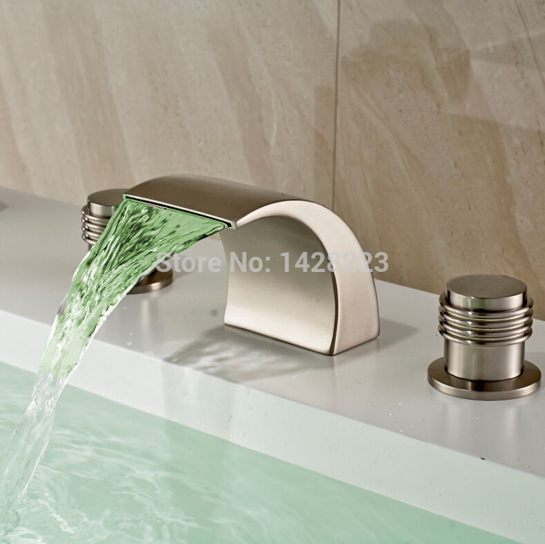 good-quality widespread waterfall dual handles basin sink faucet deck mounted brushed nickel finished bathroom sink mixer taps