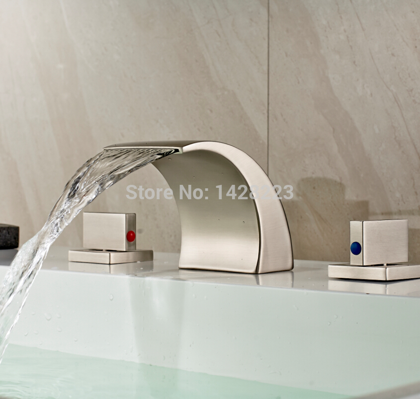 luxury brushed nickel widespread 3 holes bathroom basin mixer faucet taps deck mounted waterfall spout