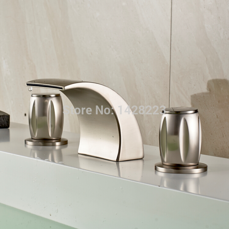 new design deck mounted dual handle waterfall basin sink faucet brushed nickel finished bathroom bathtub faucet set