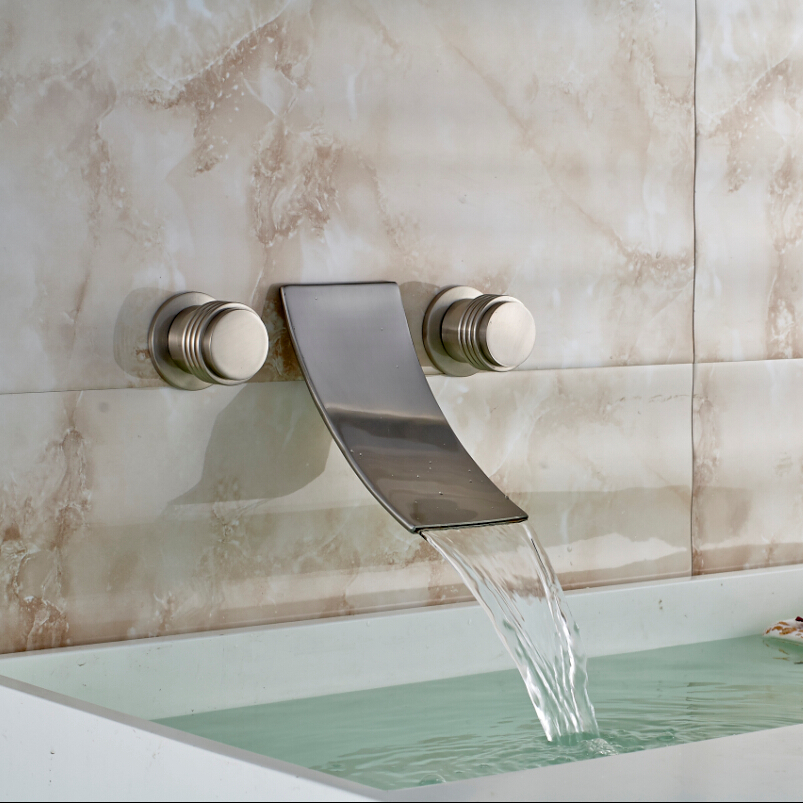 wall mount nickel brushed bathroom sink basin faucet dual handle waterfall mixer water taps