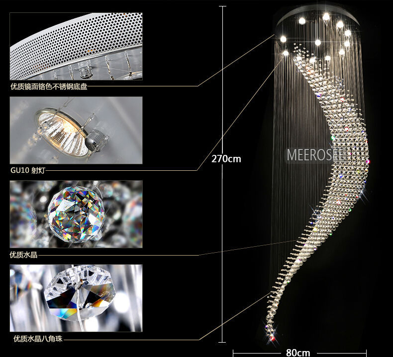 large spiral crystal ceiling light fixture big lustres de cristal light fitting villa crystal lamp for staircase, hallway, lobby