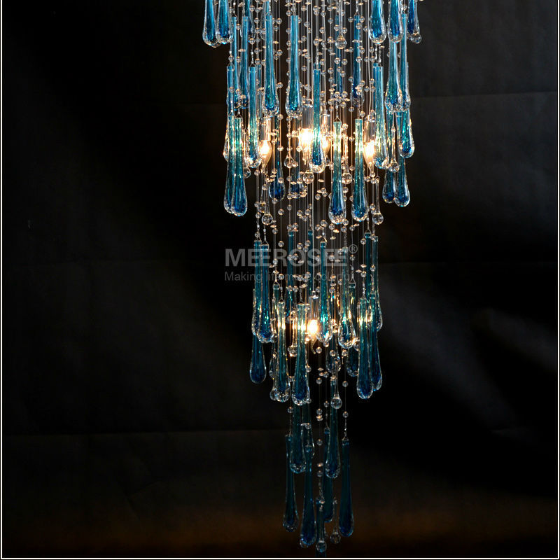 royal blue crystal chandelier light fixture long large crystal lamp for staircase lustre, stairs, foyer crystal stair lamp