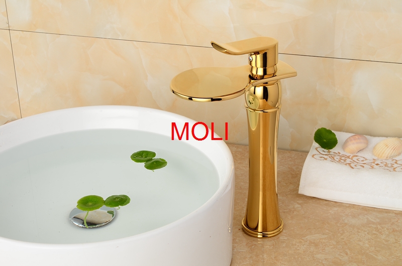 bathroom waterfall faucet chrome oil-rubbed bronze and gold finish tall faucets single handle round spout sink tap