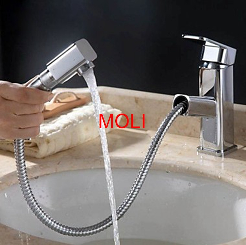 contemporary soild brass chrome finish faucet bathroom swivel spout pull out vessel sink tap cold and water