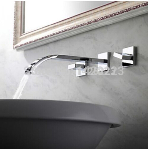 chrome finished wall mounted basin sink faucet double handles bathroom vessel sink mixer taps