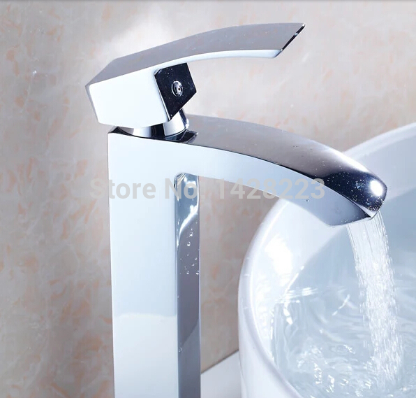 deck mounted single handle bathroom sink faucet polished chrome and cold water waterfall mixer taps