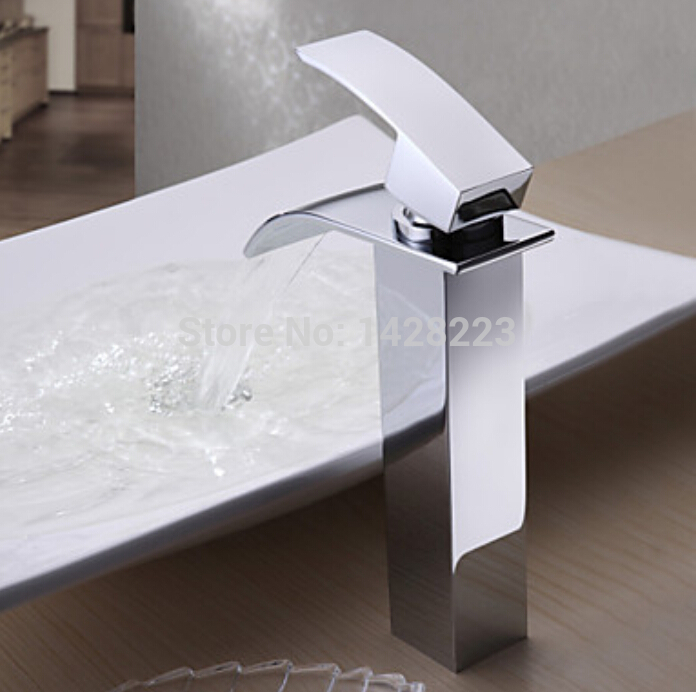 er chrome brass waterfall bathroom basin faucet (tall) with and cold water