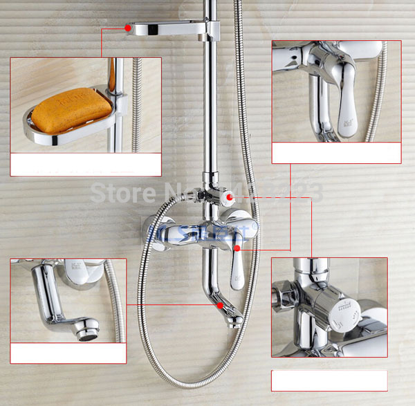 luxury chrome brass 8" rain bathroom bathtub shower faucet exposed set with handshower + soap dish