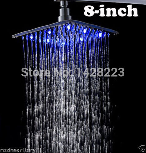 modern design chrome finished 8" brass rainfall shower faucet set single handle with led color changing