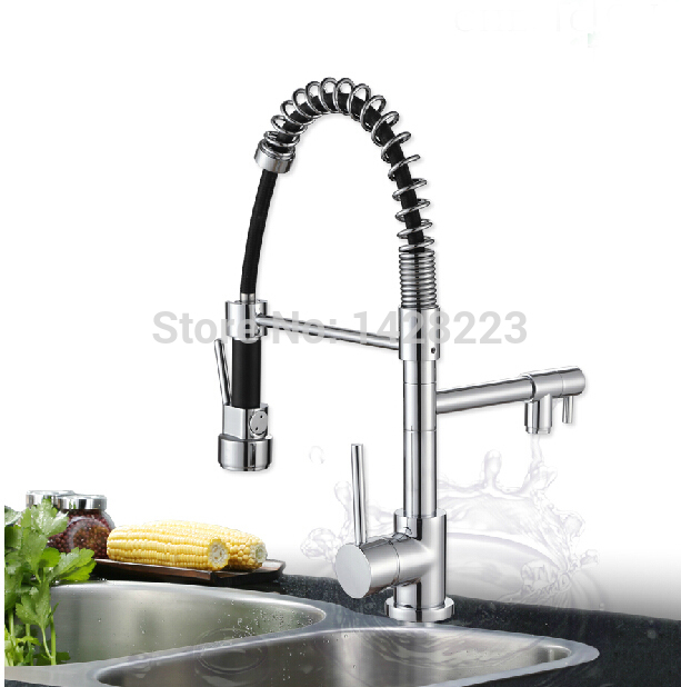 new arrive deck mounted pull down double spout kitchen sink faucet chrome finished and cold water kitchen mixer taps