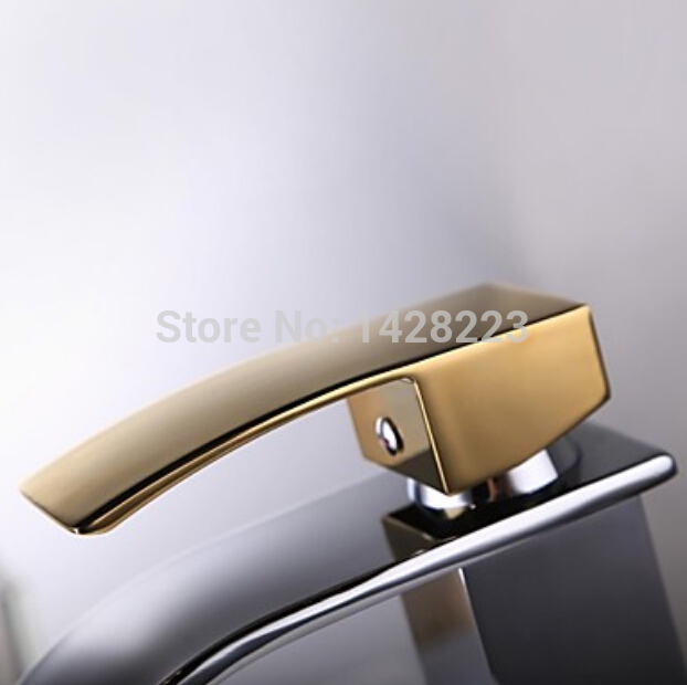 new design deck mounted waterfall bathroom basin sink faucet single golden handle chrome finished