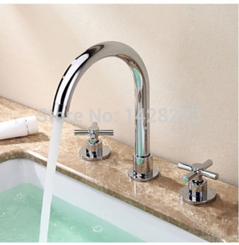 polished chrome deck mounted bathroom dual cross handles basin sink mixer faucet three holes with and cold water