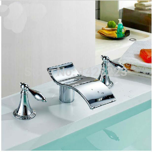 polished chrome deck mounted dual handles waterfall basin sink faucet bathroom vanity sink mixer tap