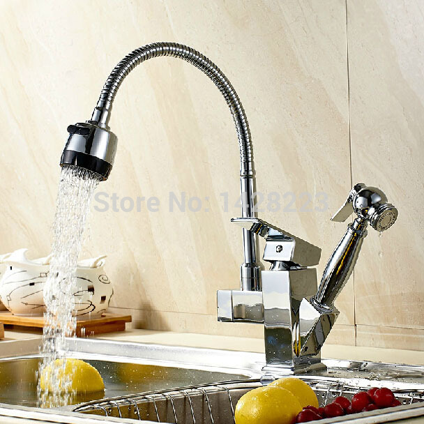polished chrome multifunction brass double sprayer kitchen sink faucet with pull out side-sprayer