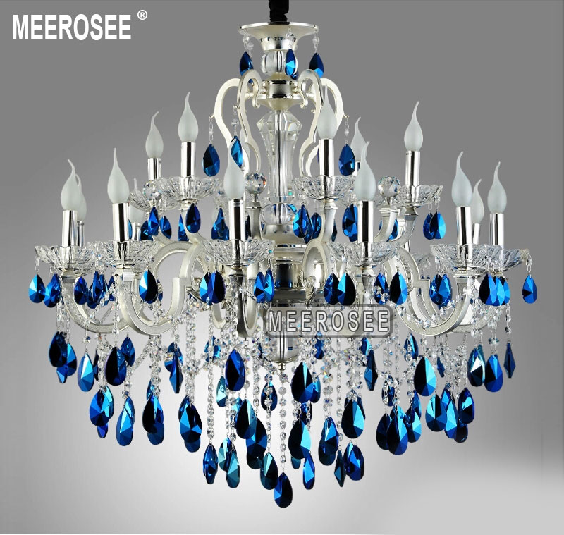 modern large 18 arms silver crystal chandelier light blue crystal lustre light hanging lamp fixture for foyer lobby md8453 l18