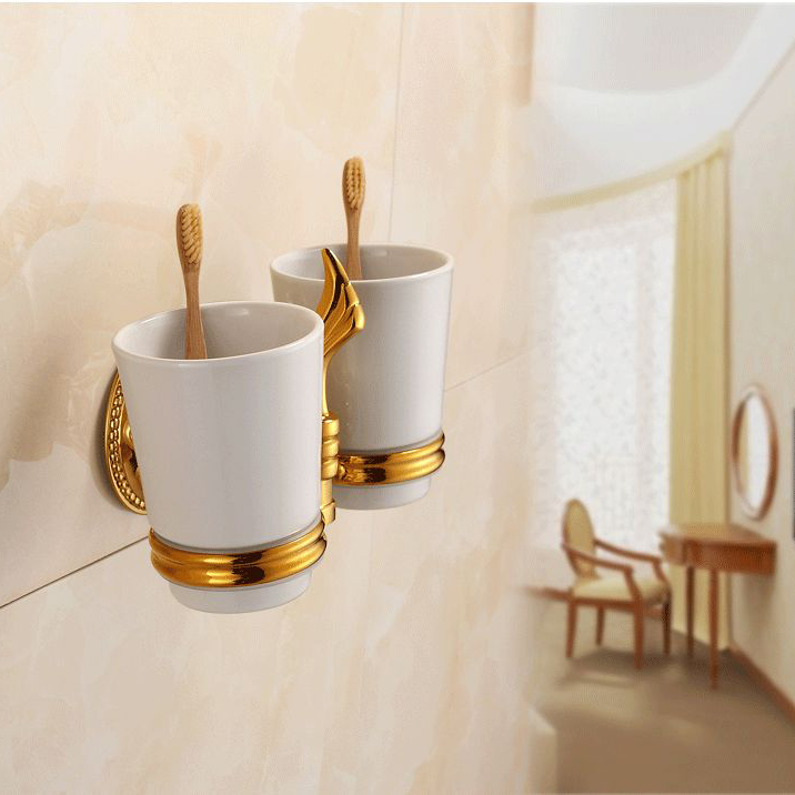 bathroom furniture luxury european style golden copper toothbrush tumbler&cup holder with 2 cups wall mount bath product zp-9355