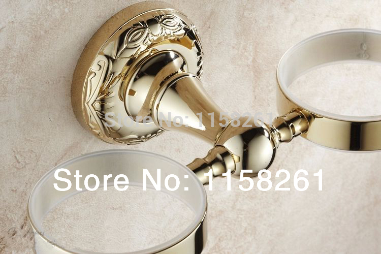 modern bathroom vanity gold finish double tumbler holder/toothbrush cup holder,brass base+glass cup,bathroom accessories st-3297
