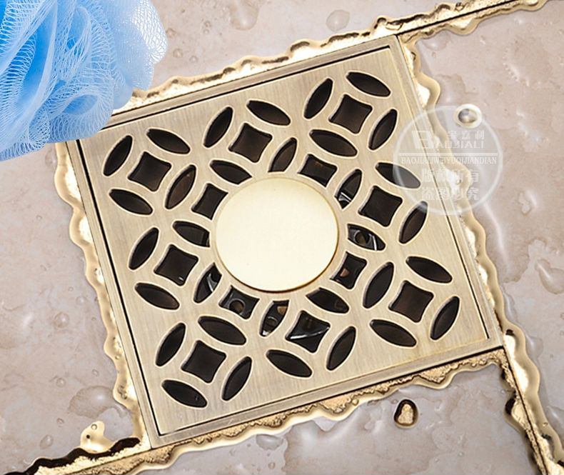 4" 10*10cm euro square antique brass art carved flower bathroom sanitary floor drain waste grate new drain sink blj-75