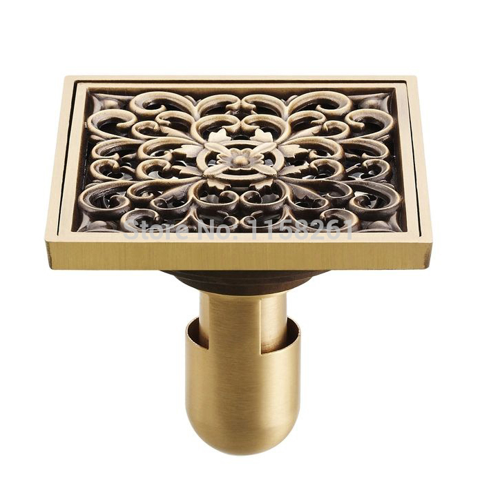 4" 10*10cm euro square antique brass art carved flower bathroom sanitary floor drain waste grate new drain sink hj-8507s