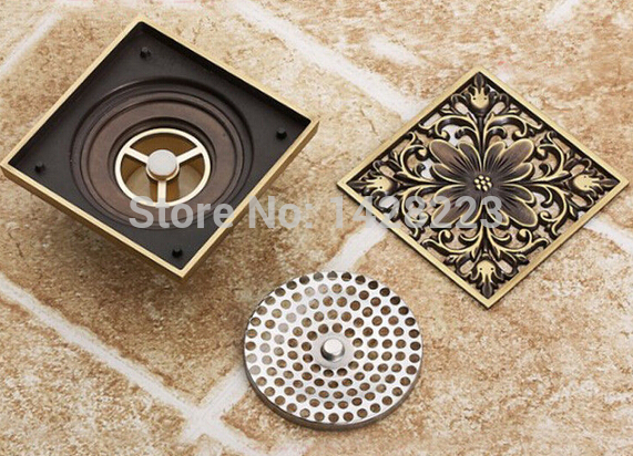 modern antique brass flower carved art square bathroom shower floor drain washer grate waste drain 4"