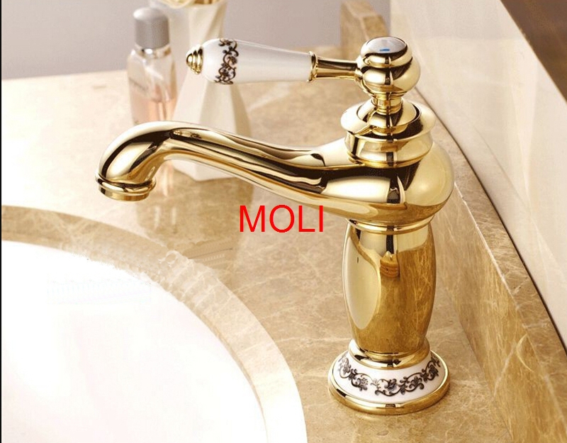 soild brass gold finish bathroom faucet golden teapot bend spout ceramic handle water tap torneira para banheiro
